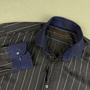 Etro Shirt Mens 41 Larg Black Purple Striped Button Up Flip‎ Cuff Made Italy